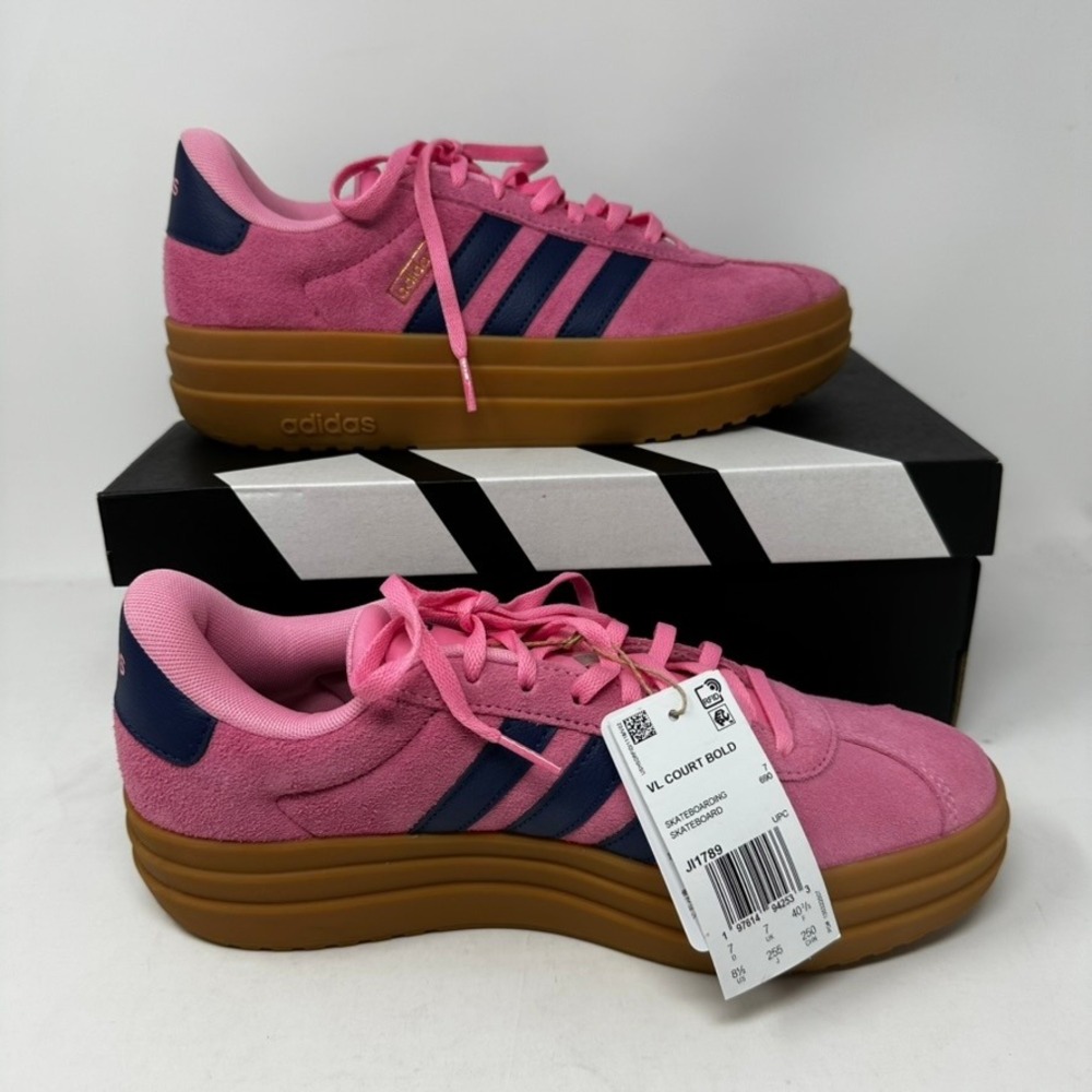 Adidas Women's 8.5 VL Court Bold Pink Dark Blue Platform Suede Sneakers JI1789